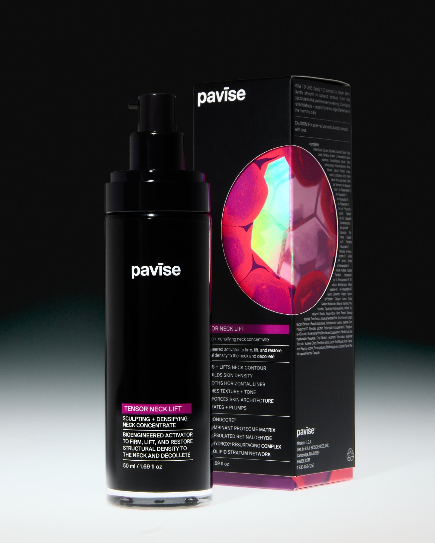 Pavise Tensor Neck Lift 50 ml bottle and box, a retinal neck firming serum